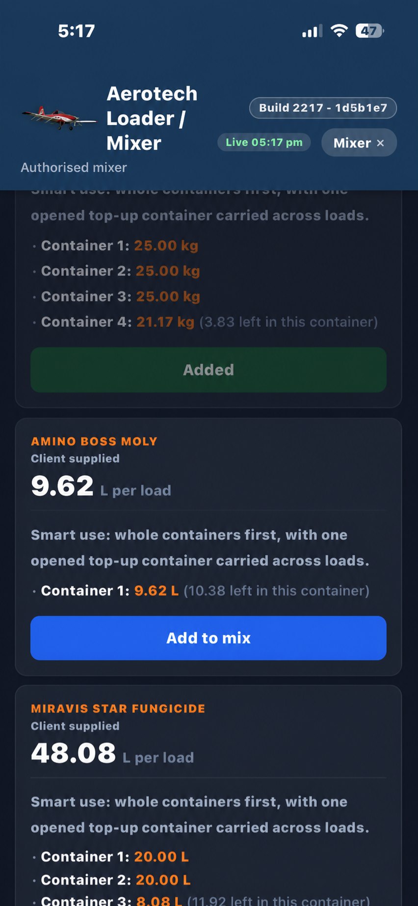 Mixer spraying page showing product quantities and smart container balances