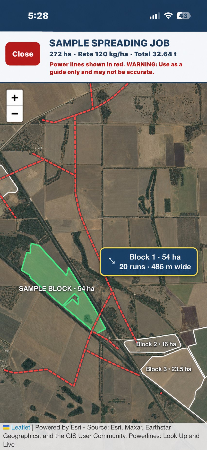 Pilot map showing powerlines, selected block, automatic application direction, run count and block width