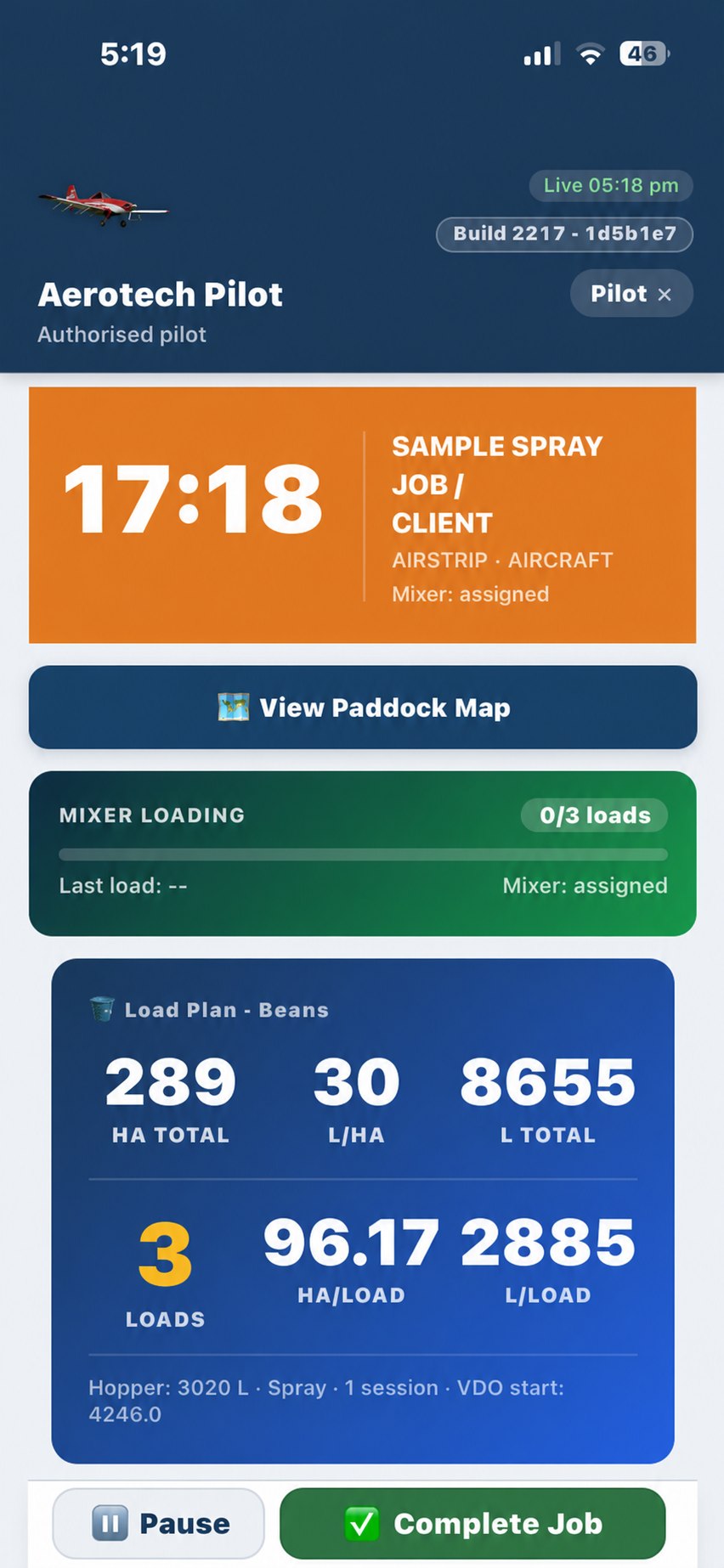 Pilot working page showing map access, live mixer load count and spray load plan